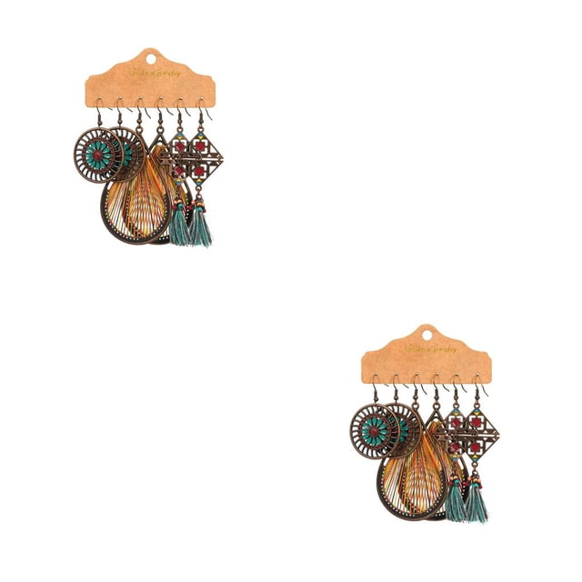 Minnieouse 3 pares de pendientes de colores con borlas Vintage, joyería bohemia geométrica hueca, ganchos étnicos para las orejas, fiesta tipo 1 2piezas