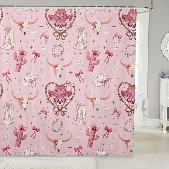 Manfei Cute Cowgirl Skull Shower Curtain 72Wx72L,Western Ribbon Bow Bathroom Curtain,Light Pink