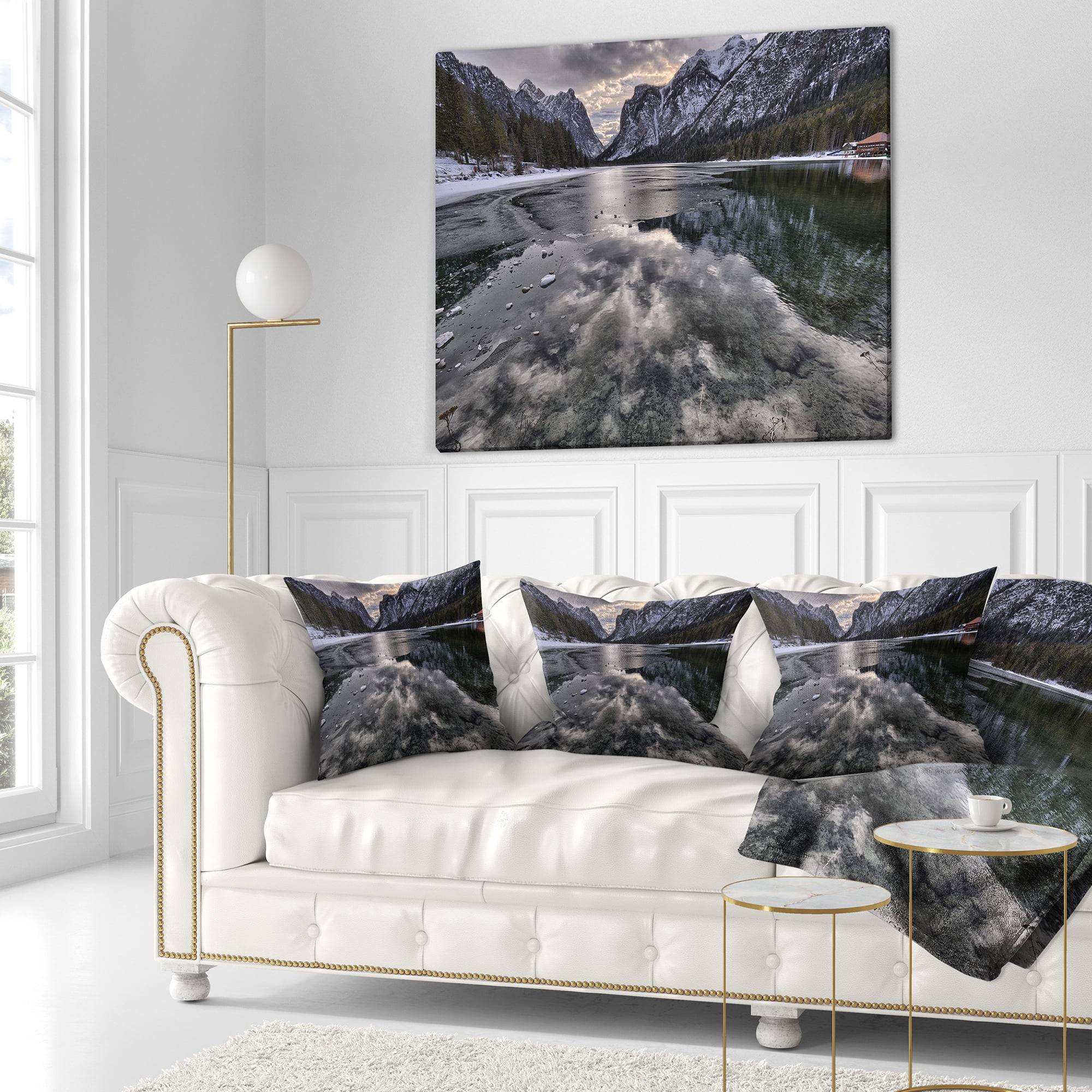 Designart Black Icy Mountain Lake with Snow - Contemporary Landscape Printed Throw Pillow - 18x18