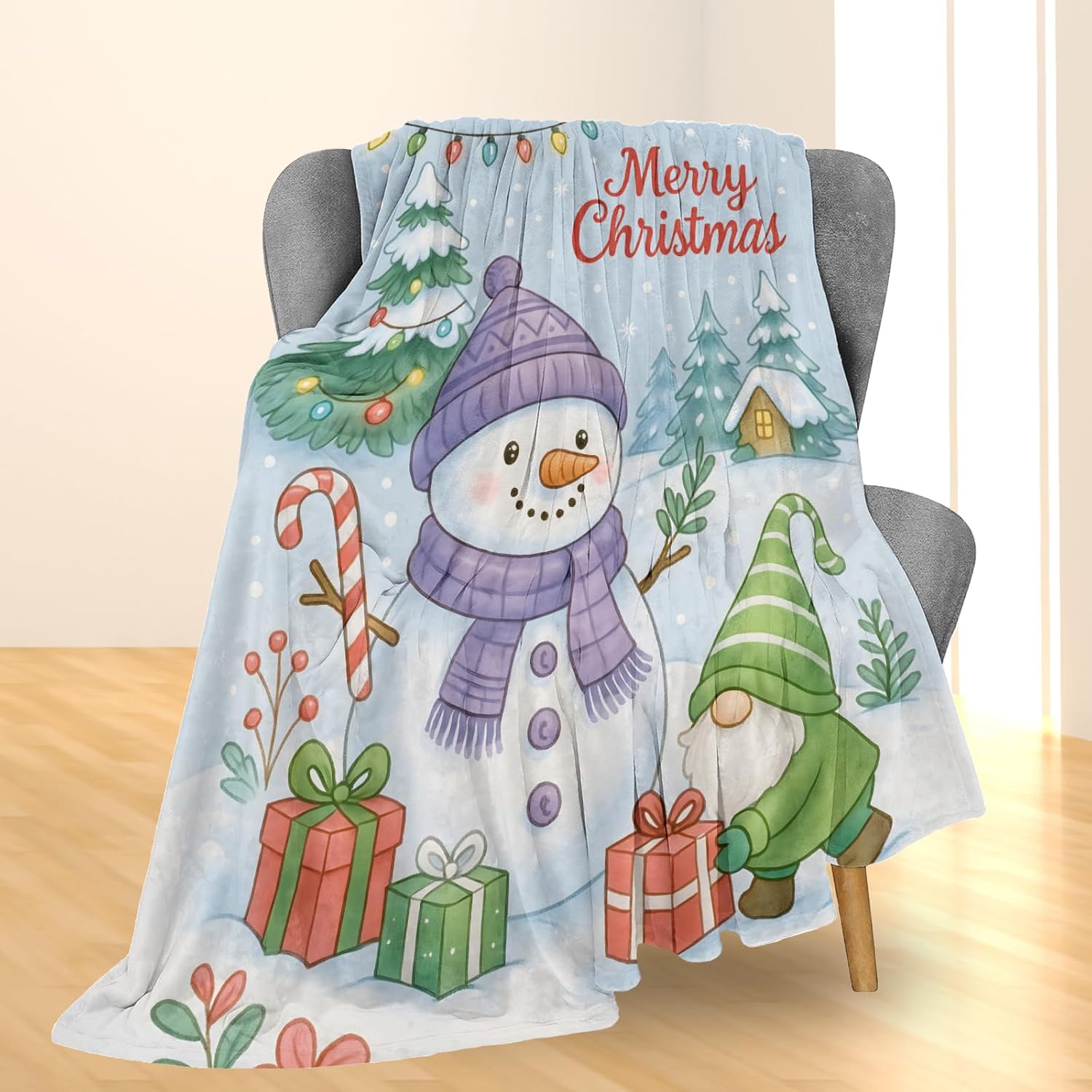 Christmas Snowman and Gnome Blanket, Soft Lightweight Flannel Blanket for Couch, Bed, Travel & Festive Decor Gifts, Cozy Warm Winter Holiday Blankets for Women Women Adults Users 60×50 in