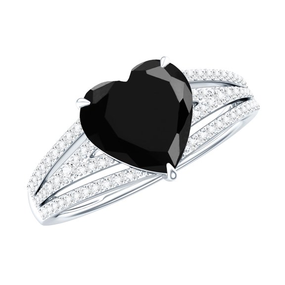 Heart Shape Created Black Diamond Ring with Diamond (2.4 Carat, AAAA Quality) - Split Shank Ring, 925 Sterling Silver, US 4.00