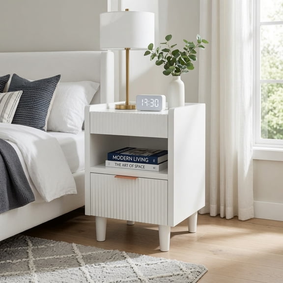 White Fluted Wood Nightstands with Drawer and Open Storage, 2 Pack Modern Bedroom Bedside Side End Tables for Living Room Home Decor