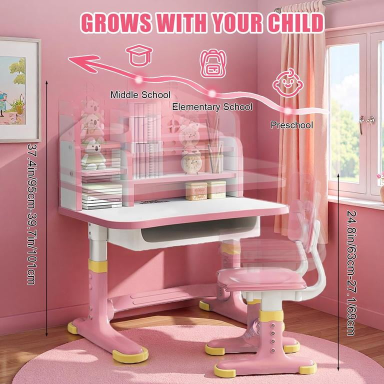 YNCE Kids Desk and Chair Set Adjustable School Study Desk with Castle Backboard, Wide Tabletop, Bookstand & Storage Drawer for Children's Room