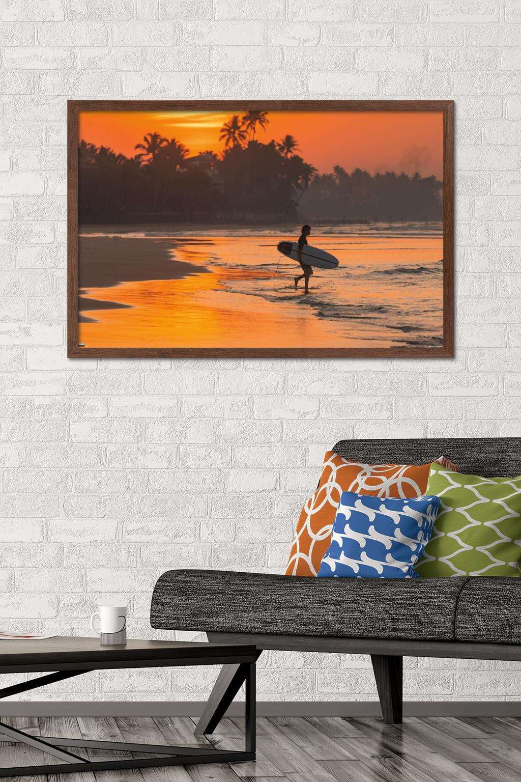 Surfing - Morning Walk Wall Poster, 22.375" x 34", Framed