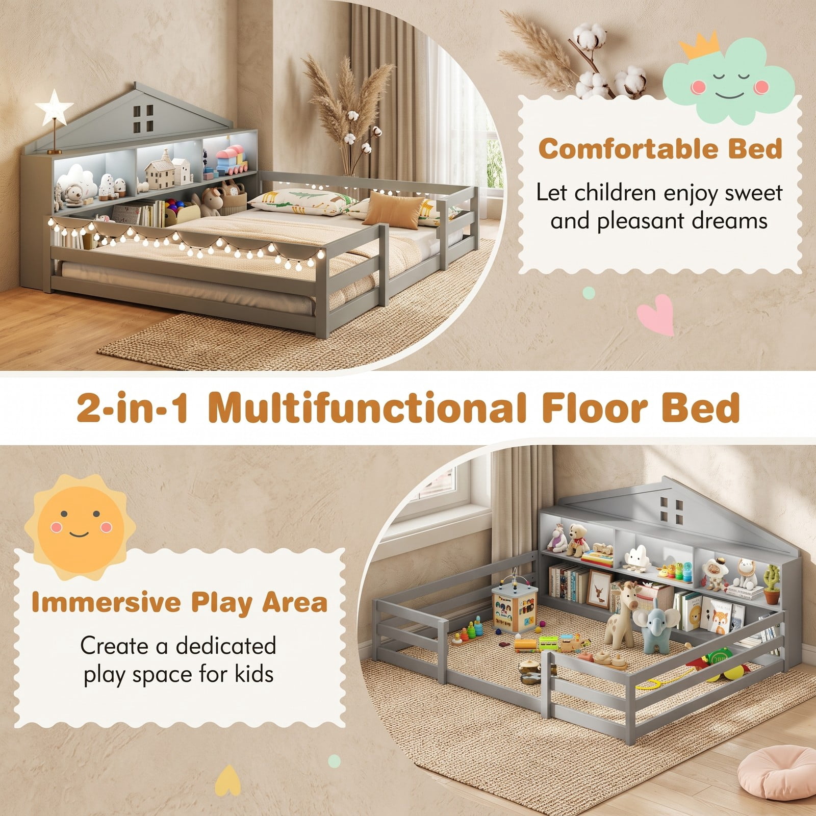 Furnibear Full Size Bed Frame Montessori Floor Bed for Kids, House Bed with Storage Headboard Guardrails and LED Lights, Full Bed Frame, Gray