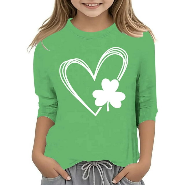 GPOECD T-Shirt de Jour pour Filles Graphique à la Mode Polyvalent Col Rond Manches 3/4 Décontracté Confortable Hauts pour Filles Vert,130