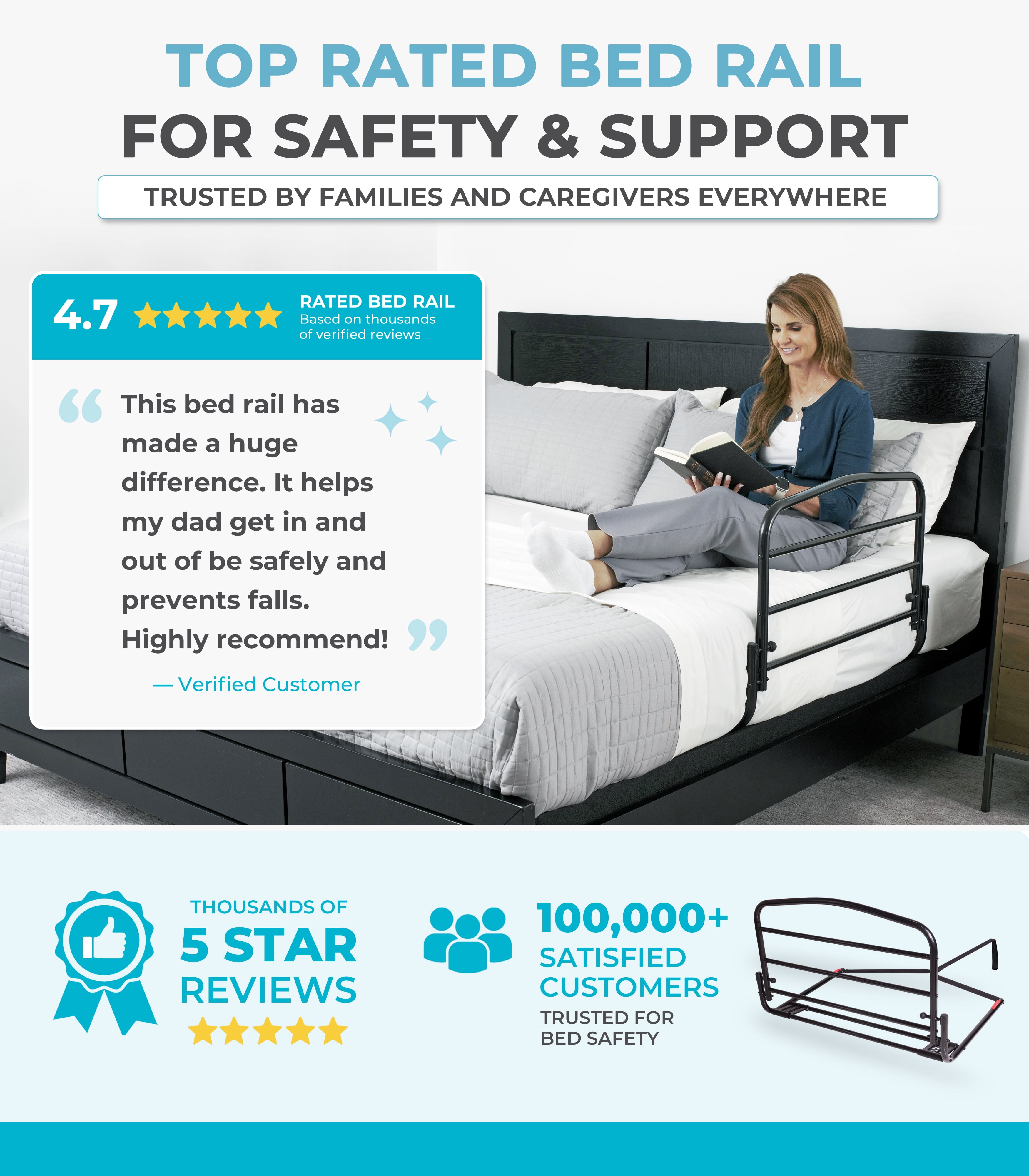 Stander 30 inch Safety Bed Rail, Folding Guardrail for Adults, Seniors, and Elderly, Bedside Stand Assist Bar, Fits King, Queen, Full, and Twin Beds, ASTM Safety Approved Bedrail