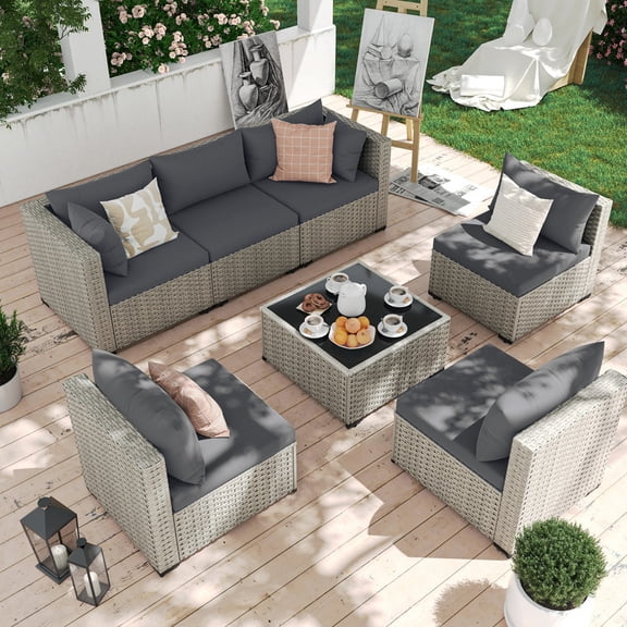 7 Pieces Patio Conversation Set, Outdoor Sectional PE Rattan Wicker Furniture Seat,Dark Gray