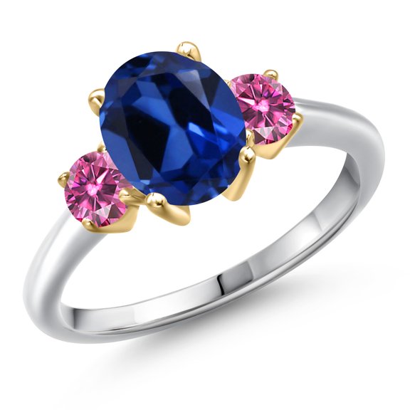 Gem Stone King 10K Two Tone Gold Blue Created Sapphire and Pink Moissanite Engagement Ring for Women | 2.76 Cttw | Oval 9X7MM | Gemstone September Birthstone | Size 7