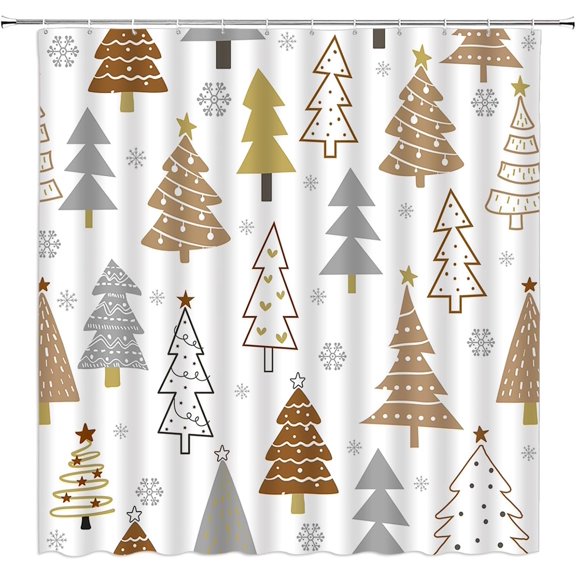 Christmas Tree Shower Curtain Brown Xmas Tree Abstract Pine Cartoon Snowflake Winter Holiday Bathroom Decor Curtain with Hooks,Brown White