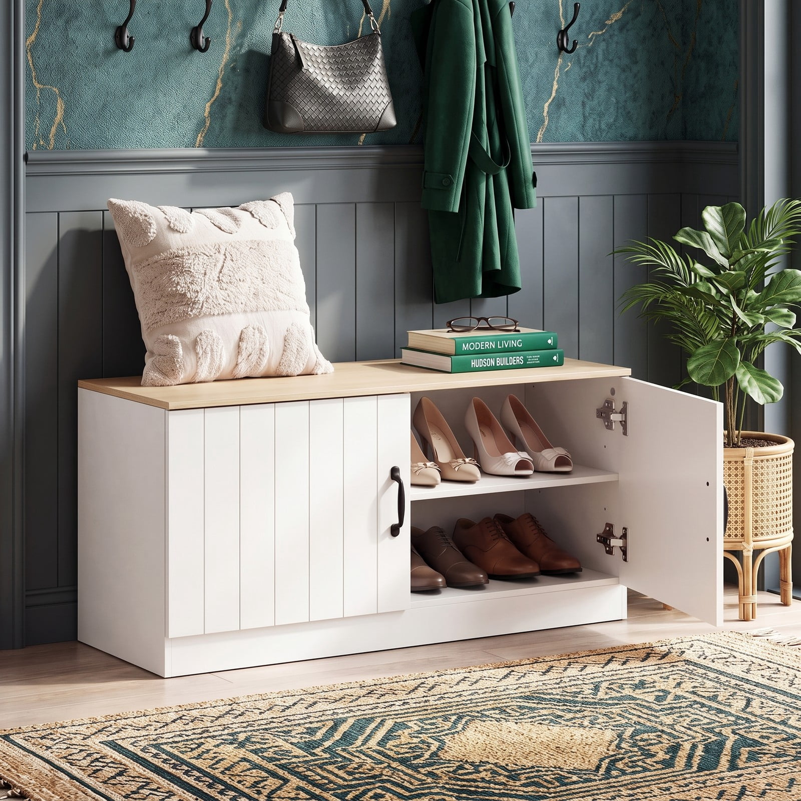 Furnibear 2-Door Shoe Bench Storage Cabinet with Adjustable Shelves and Wide Seat for Entryway Hallway and Bedroom, Natural