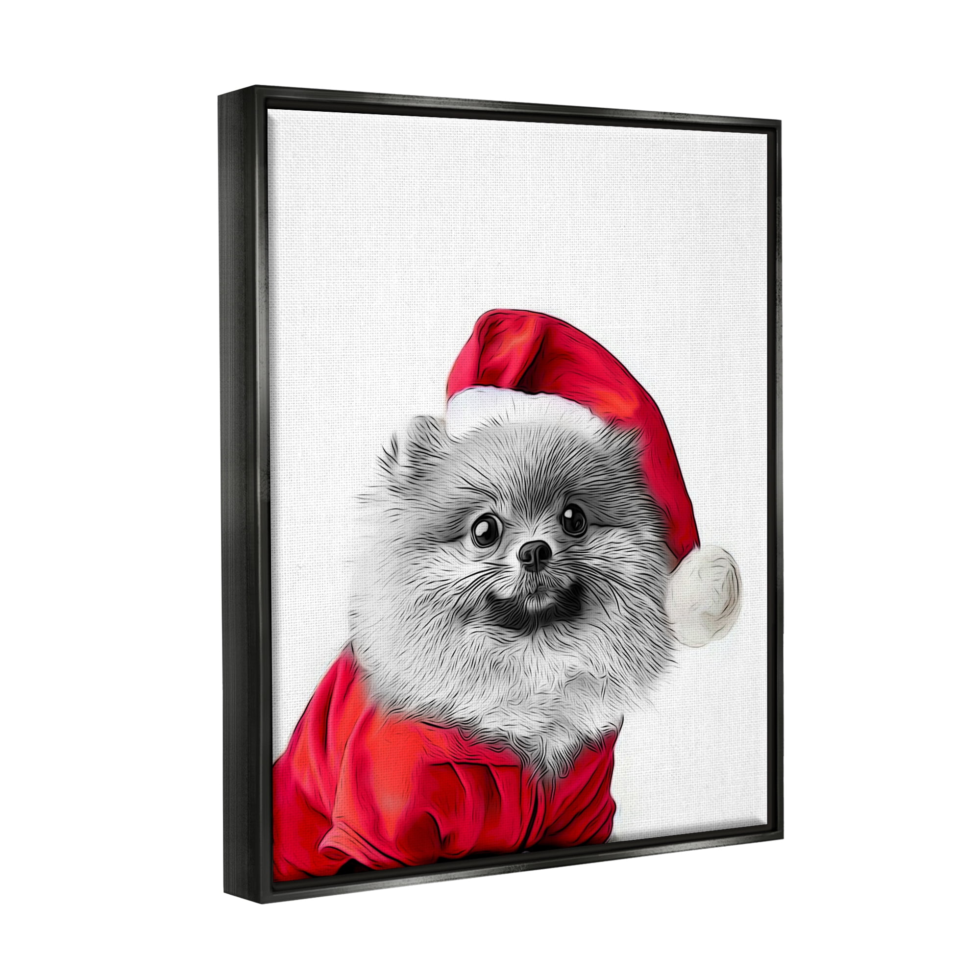 Stupell Industries Pomeranian in Santa Hat Holiday Painting Black Floater Framed Canvas Art Print Wall Art, 17 x 21