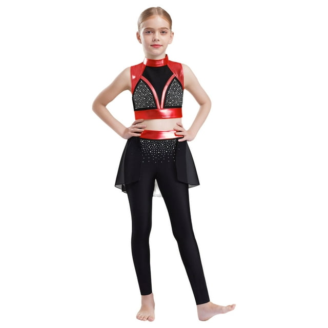 inlzdz Haut Court Métallique pour Filles en Cuir Noir Sans Manches Col Roulé et Collants de Danse Ballet Rouge 8