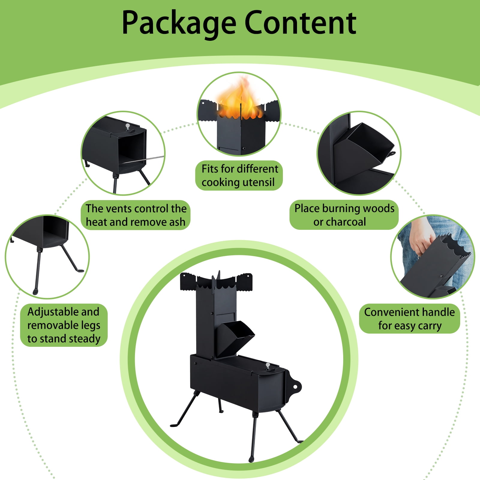 Camping Rocket Stove - Portable Wood Burning Stove, 45° Fuel Chamber, for Outdoor Cooking/Hunting/Fishing