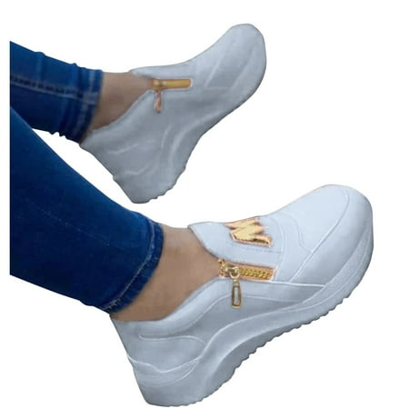 Oyedens Wedge Walking Shoes for Women Fashion M Letter Zipper Slip on Loafers Casual Work Sneakers
