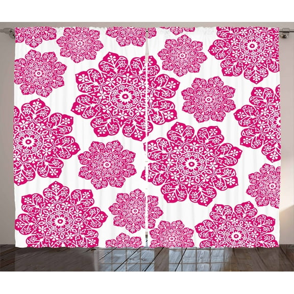 Ambesonne Hot Pink Curtains 2 Panel Set, Eastern Mandala Design, 108" x 63", Hot Pink White