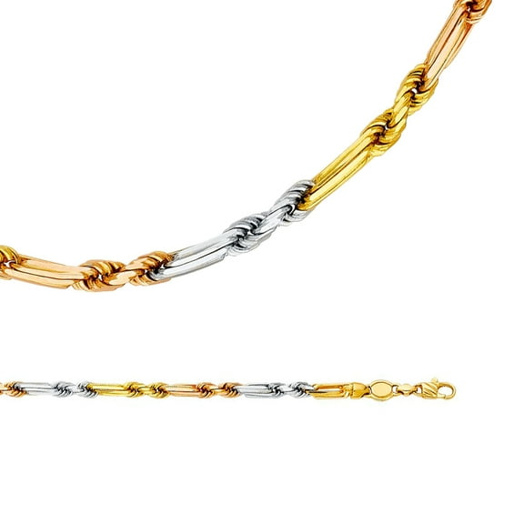 Solid 14k Yellow White Rose Gold Necklace Rope Chain Diamond Cut Twisted Tri Color, 4 mm - 22,24,26 inch