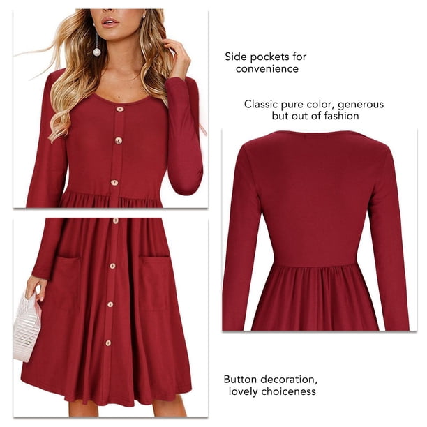 Vestido de manga larga con botones, vestido de manga larga, vestido midi de manga larga redondo, vestido de color puro diseñado a la perfección