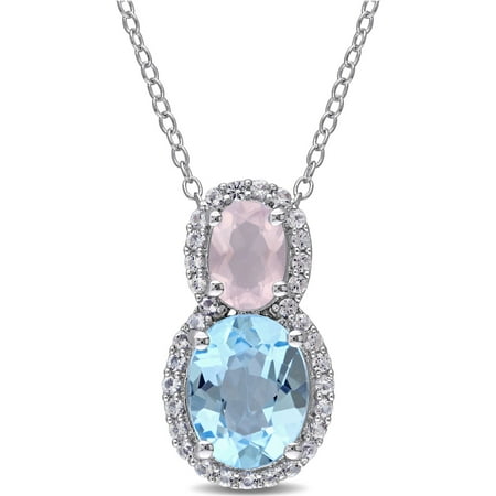 Tangelo 5 Carat T.G.W. Sky Blue and White Topaz and Rose Quartz Sterling Silver Oval-Tiered Pendant, 18