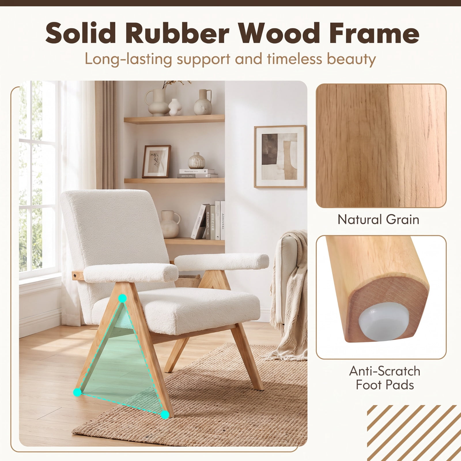 Furnibear Mid Century Modern Accent Chair with Cozy Sherpa Upholstery Padded Armrests and Solid Rubber Wood Frame for Living Room and Bedroom, White