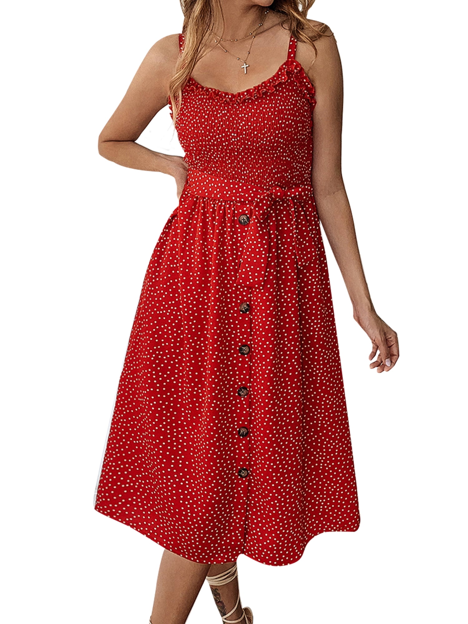 Casual Midi Dress for Women Polka Dot Ruffle Sleeves Flowy A Line Swing Dress Cocktail Party Dress with Pockets