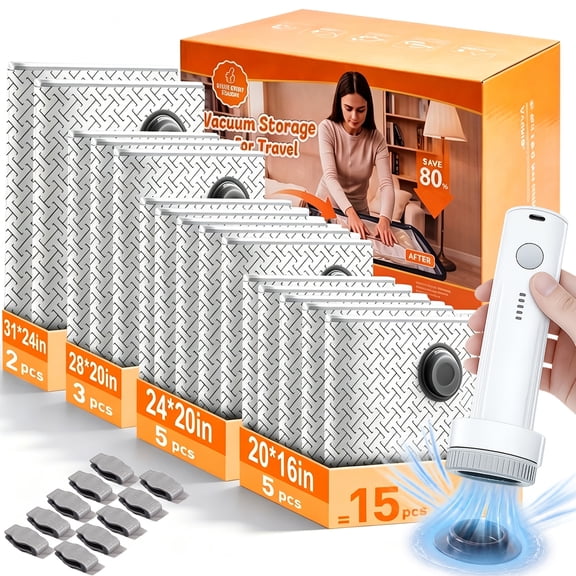 MoonTrek 15Pcs Portable Vacuum Storage Bags with Electric Pump, 4 Sizes