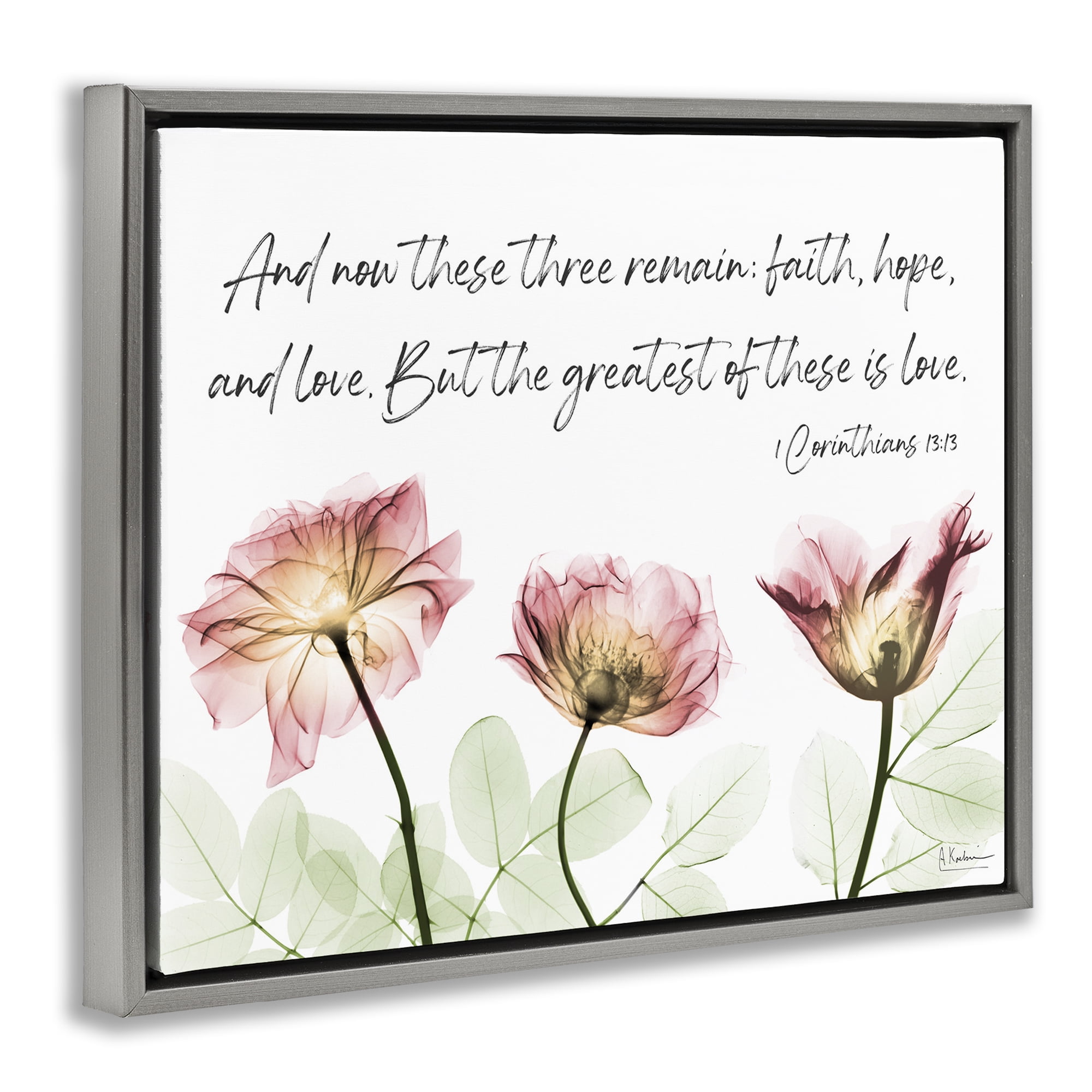 Stupell Industries Faith Hope Love Floral Religious Painting Gray Floater Framed Art Print Wall Art, 31 x 25