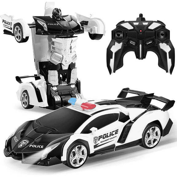 Petbank RC Transform Car Toy, 2.4Ghz Remote Control Transform Car Robot Toy, 1:18 Scale One-Button Deformation Race Car Toys for Boys Girls Ages 4-12, White