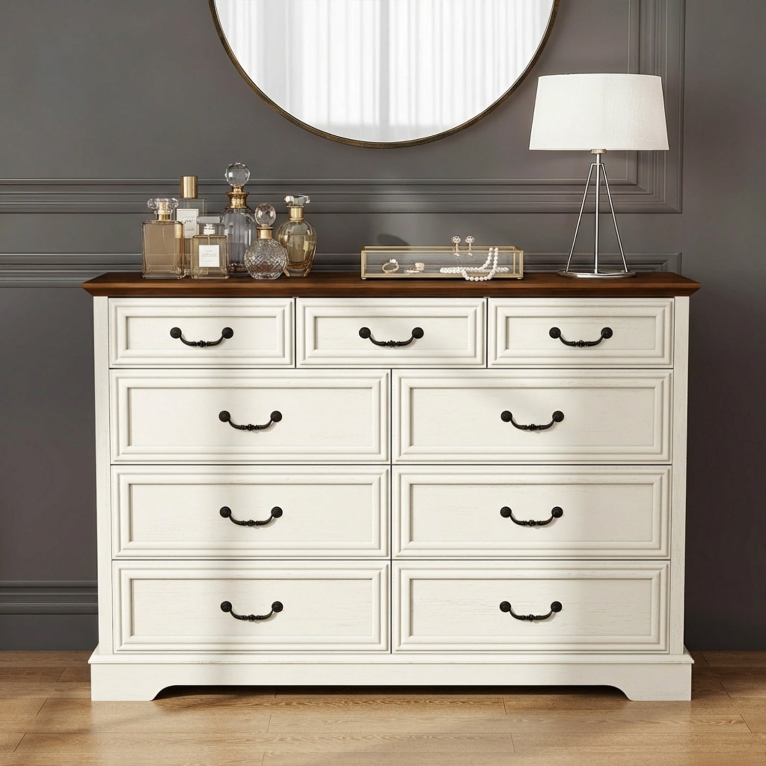 Farmhouse 9-Drawer Dresser, Wide Chest of Drawers with Large Storage for Bedroom, White