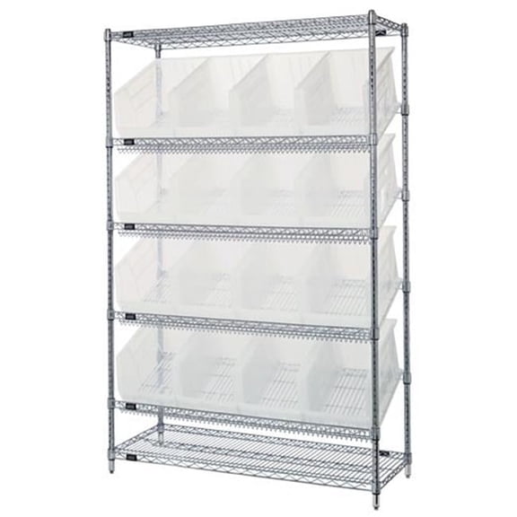 Wire Unit Slanted Shelves With 16 Bins, Clear - 18 x 48 x 74 in.