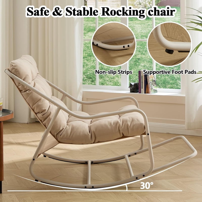 Outdoor Rocking Chair, Papasan Rocking Chair with Metal Frame, Comfy Rocker Lounge Chair for Living Room Porch Patio Garden