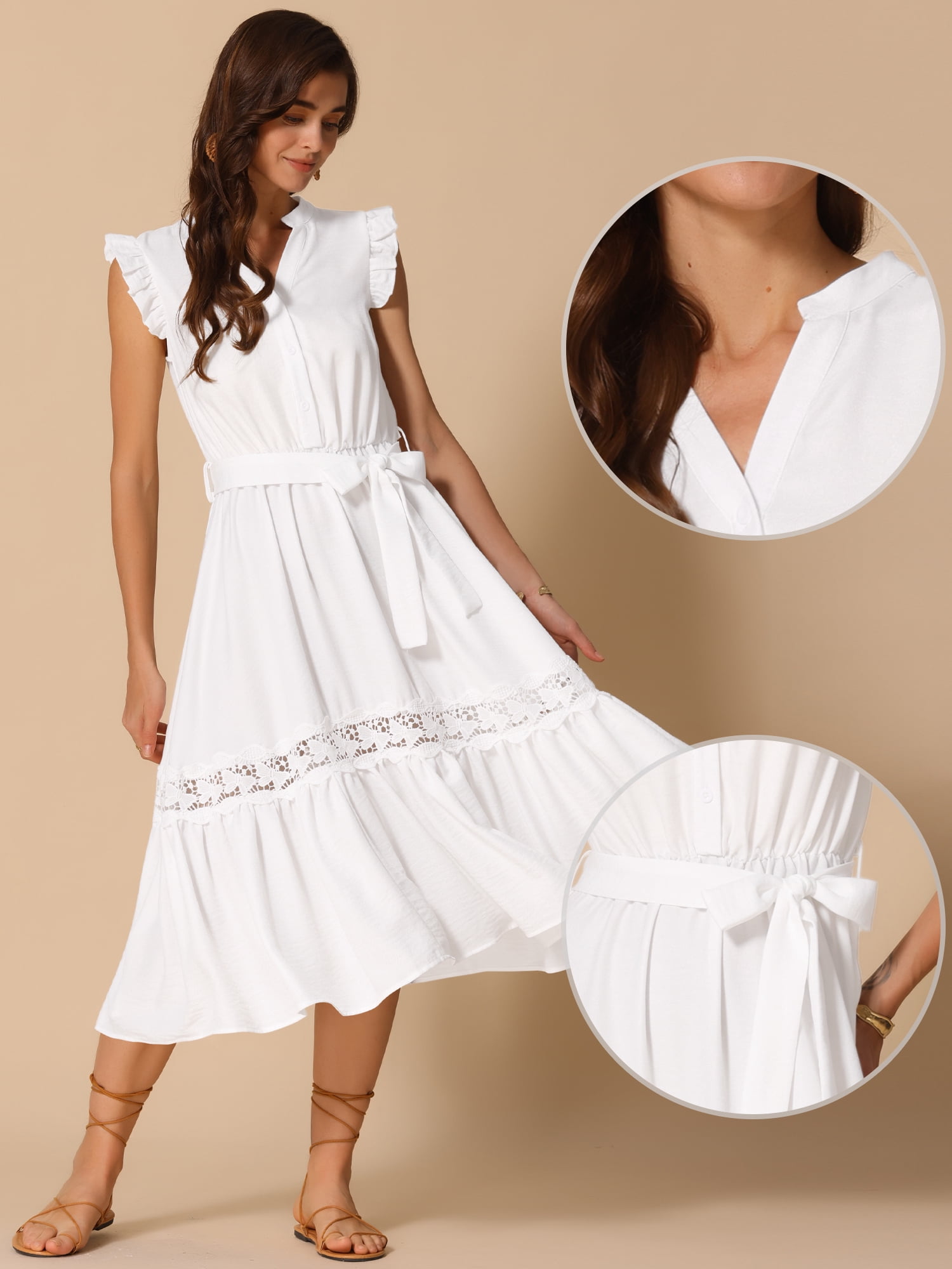 DARING DIVA V Neck Cap Sleeve A Line Summer Midi Dress XL Cream White