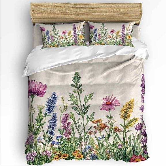 Spring Wildflowers Twin Size Comforter Set, Colored Flowers Linen Texture Soft Bedding for All Seasons, 4 Pcs Bed Set with 1 Comforter (68"x86") ,1Sheet(66"x116"), 2 Pillowcases (19"x29")