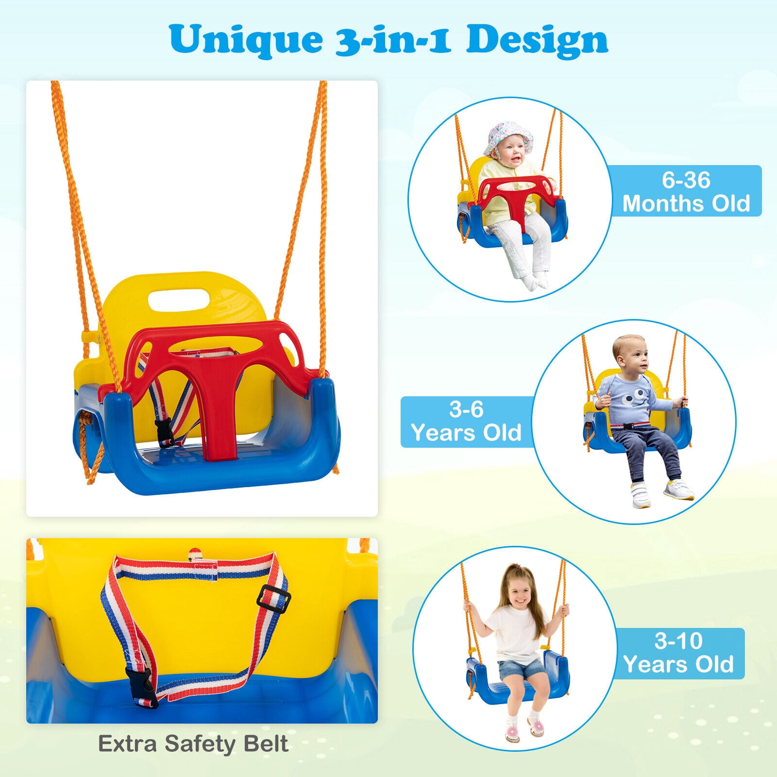 Amijoy 3-in-1 Kids Swing Set, 660 LBS Carbon Steel Swing Frame w/ Belt Swing, Platform Tree Swing & Baby Swing Seat