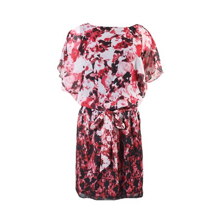 - Sl Fashions Red White Floral Chiffon Belted Blouson Dress 8