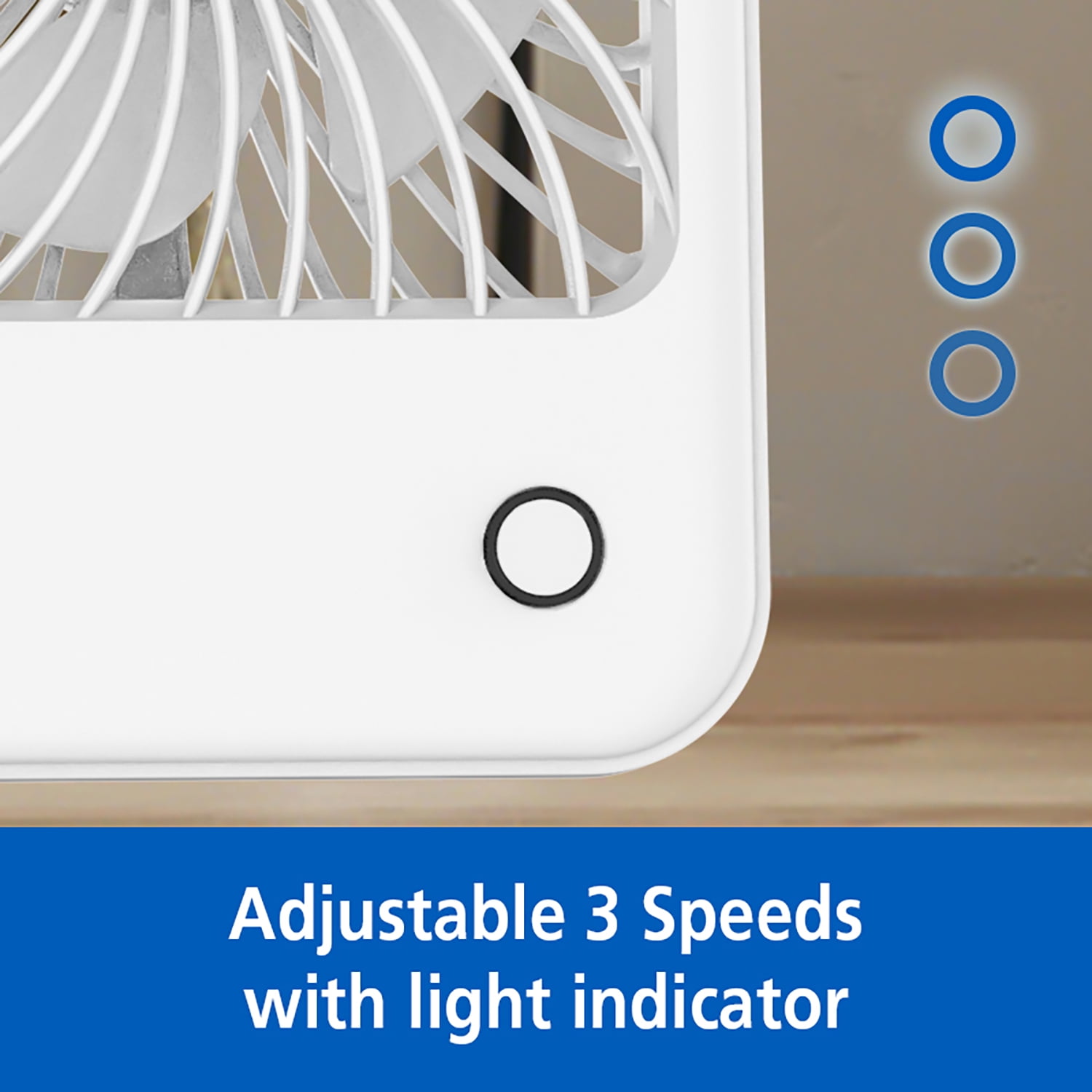 Mainstays 4 in 3-Speed Portable Rechargeable Foldable Fan with Lighted Button, White, Model FN1041NW