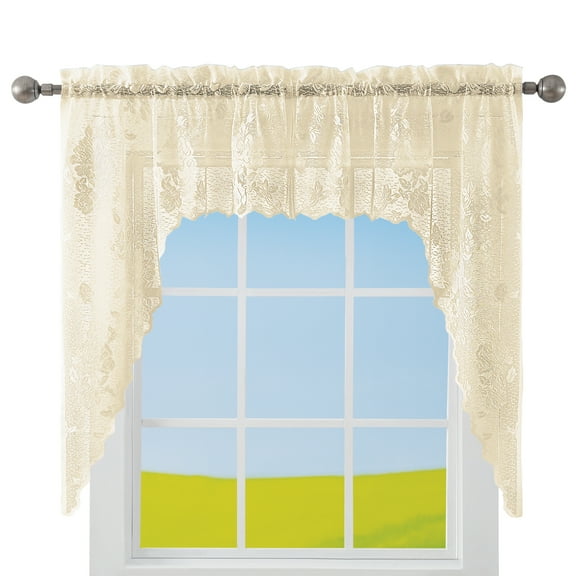Collections Etc Lacey Floral Lace Design Kitchen Curtains Beige Swags