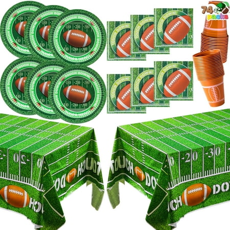 JOYFY 74 football match day party supplies packages -18 football themed cups, 18 plates, 36 napkins,