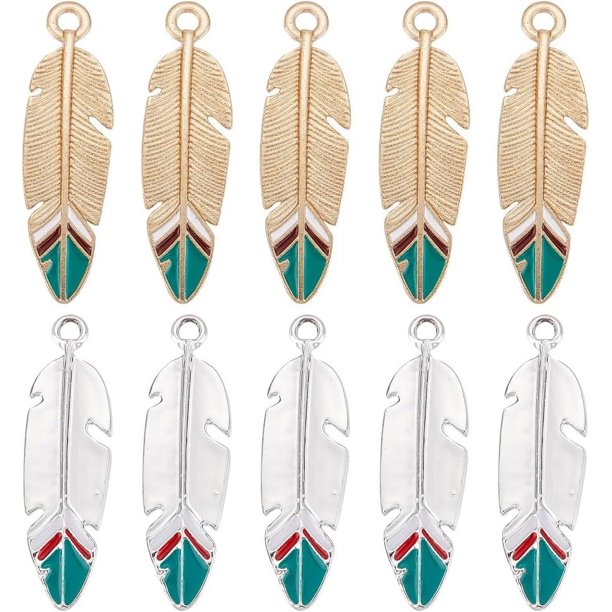 32 piezas de dijes de plumas en 2 colores, dije de pluma larga, pluma dorada a granel, dije de pluma de ganso esmaltada, plumas de ave plateadas con forma de ala.