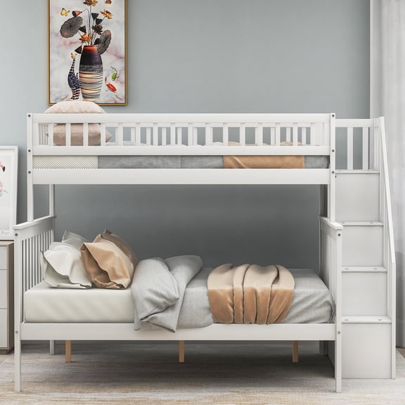 Twin over Full Wood Bunk Bed w/Storage Stairway, White 20296