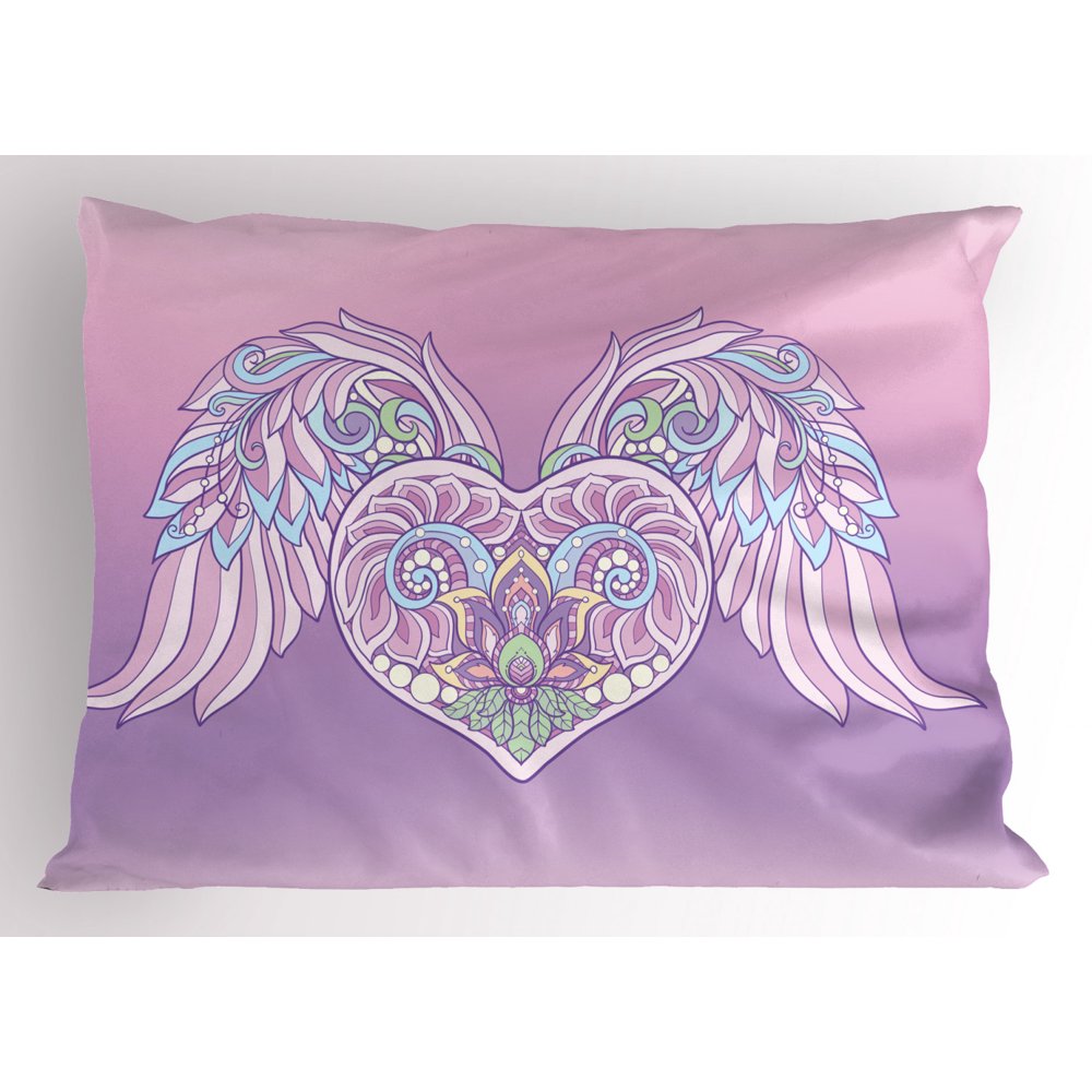 Angel Wings Pillow Sham, Ornamental Heart with Feather Wings Boho