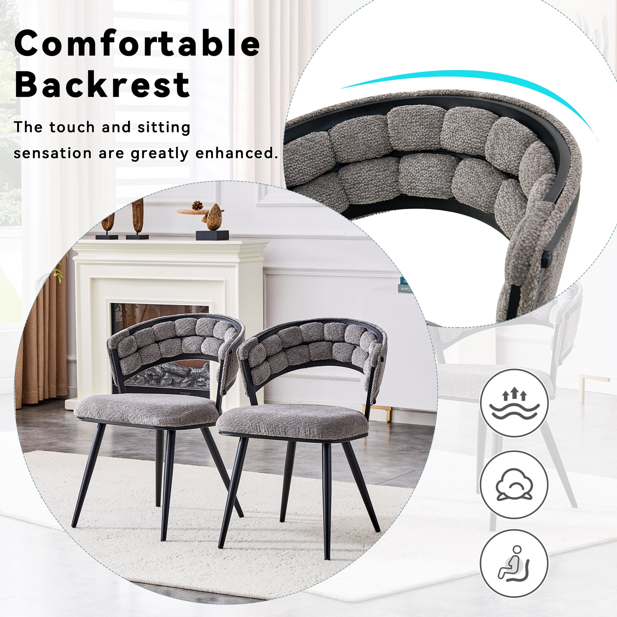 TesNus Gray Velvet Dining Chairs Set of 2, 30.5 Inch Tufted Upholstered Accent Chairs with Black Metal Legs for Dining Room Kitchen Living Room