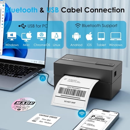 Bluetooth Thermal Shipping Label Printer, 4x6 Portable Thermal Address Label Printer for Small Business, Compatible with iPhone,Android,Windows,Mac,–Works with Ebay Shopify &More, Black