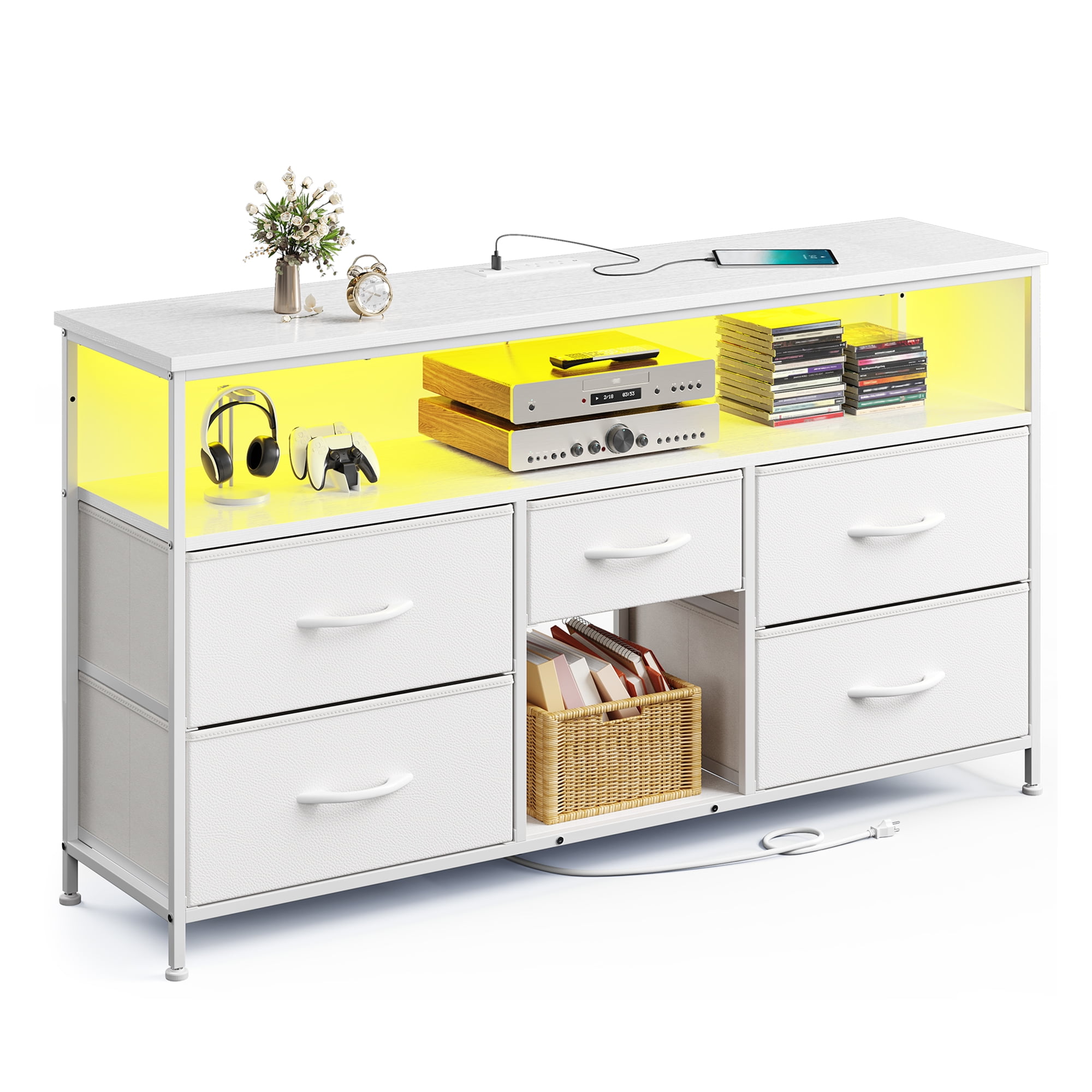 EnHomee White Dresser with 5 Drawers TV Stand for 50" Dressers for Bedroom with LED Lights & Power Outlets