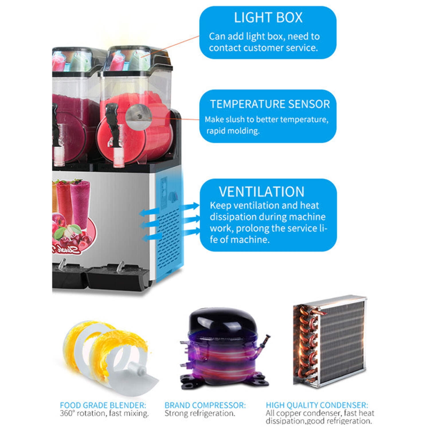 110V Commercial Slushy Machine 45L 3 Tank 1100W Stainless