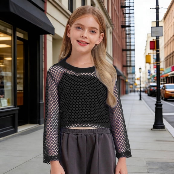 Fashionable Mesh Hollow Out Long Sleeve Blouse for Big Girls and Teenage Tweens Casual Breathable Top T-Shirts Kids Short Sleeve Crewneck Solid Basic Tees Casual Tops