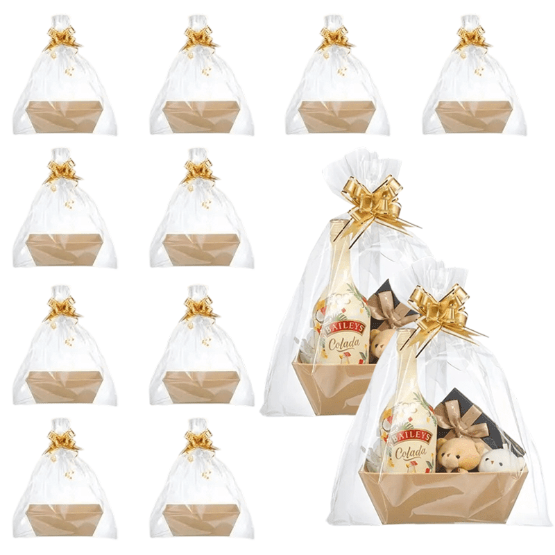44Pcs Gift Basket Wrapping Set, Gift Baskets Empty With 12 Paper Tray Containers, 12 Clear Cellophane Bags for Gift Baskets and 20 Pull Bow Ribbons, Kraft Brown Packaging Kit for Party, Gifting