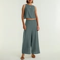 thumbnail image 3 of Women's Solid Color Linen 2 Piece Set - Sleeveless Crop Top & Wide Leg Pants with Side Pockets for Summer, 3 of 6