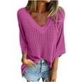 thumbnail image 2 of AherBiu 3/4 Length Sleeve Womens Tops Hollow Cable Knit Pullover Tops V Neck Loose Fall 2024 Blouses, 2 of 8
