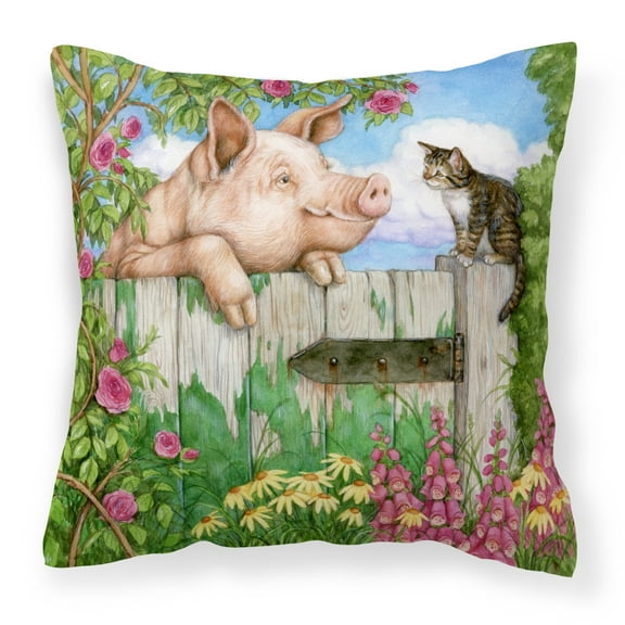 Carolines Treasures CDCO0349PW1414 Pig at the Gate with the Cat Canvas Decorative Pillow  14Hx14W multicolor